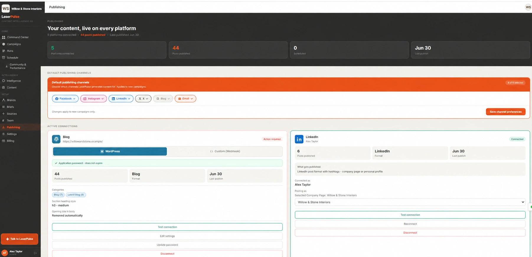 Publishing preferences, connections and blog integration controls
